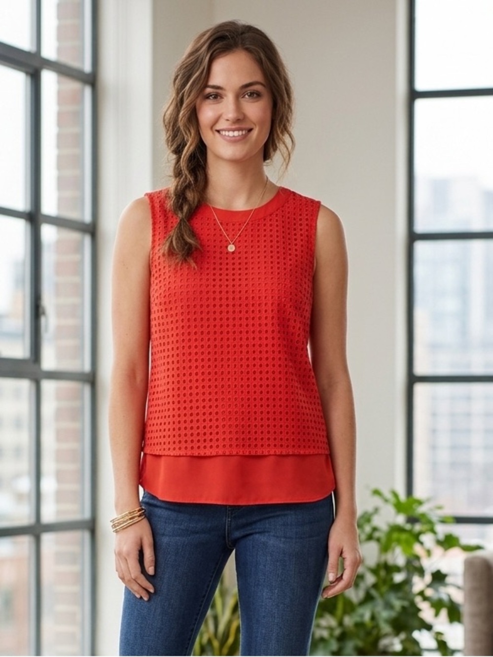 J.Crew Red Eyelet Sleeveless Shell Top Blouse Orange Minimalist Classic Size 6